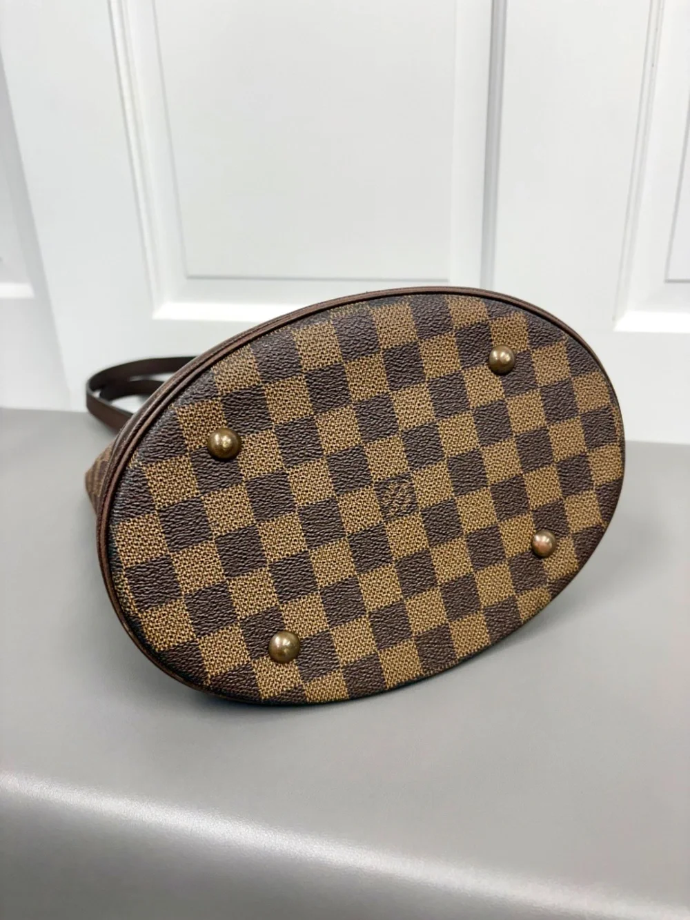 Louis Vuitton Bucket Bag PM Damier Ebene Red Suede Lining